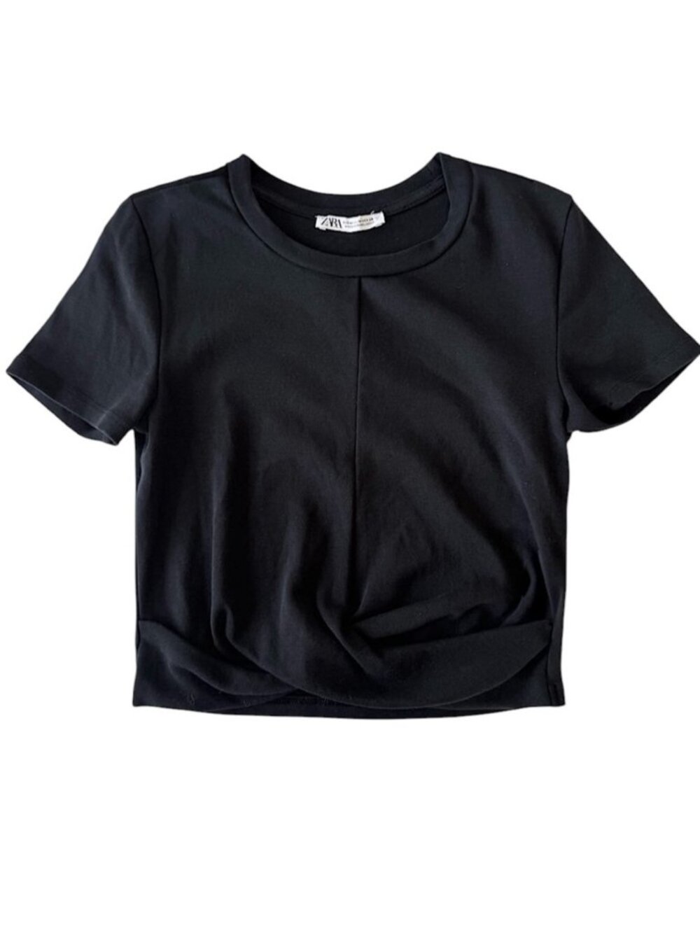 Short Sleeve Twist Front Crewneck Crop Top Black Size Medium